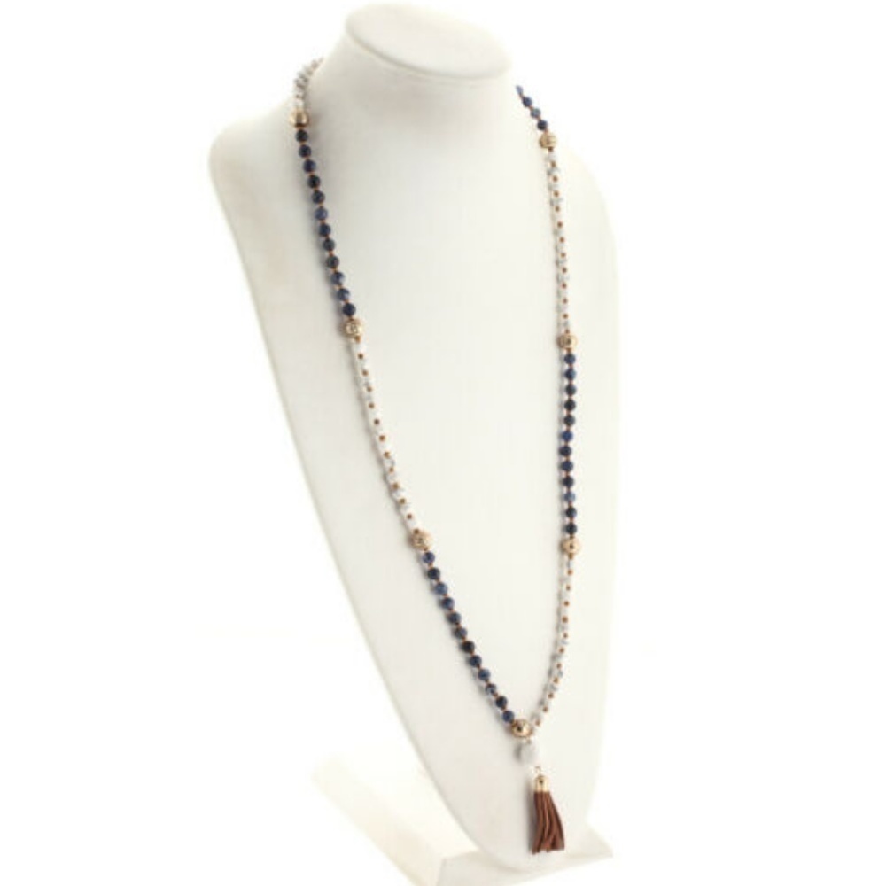 Marlyn Schiff Long Beaded Leather Tassel Necklace NWOT - Picture 5 of 8